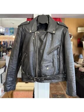 Vintage Genuine Leather biker American flag jacket XL 46